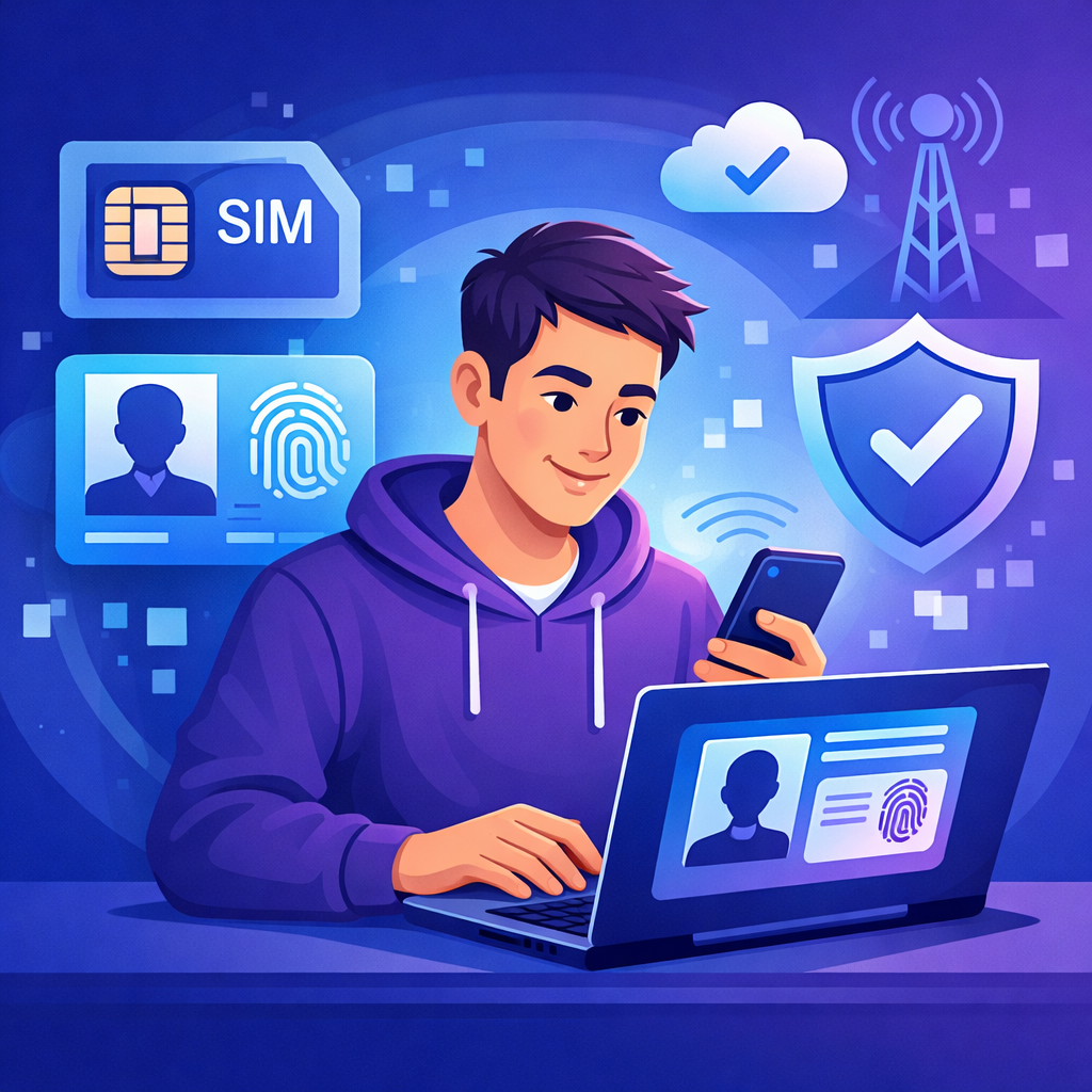 Ilustración de una persona usando una computadora portátil y un smartphone con una tarjeta SIM digital y una tarjeta de identificación biométrica para registrar su línea Movistar